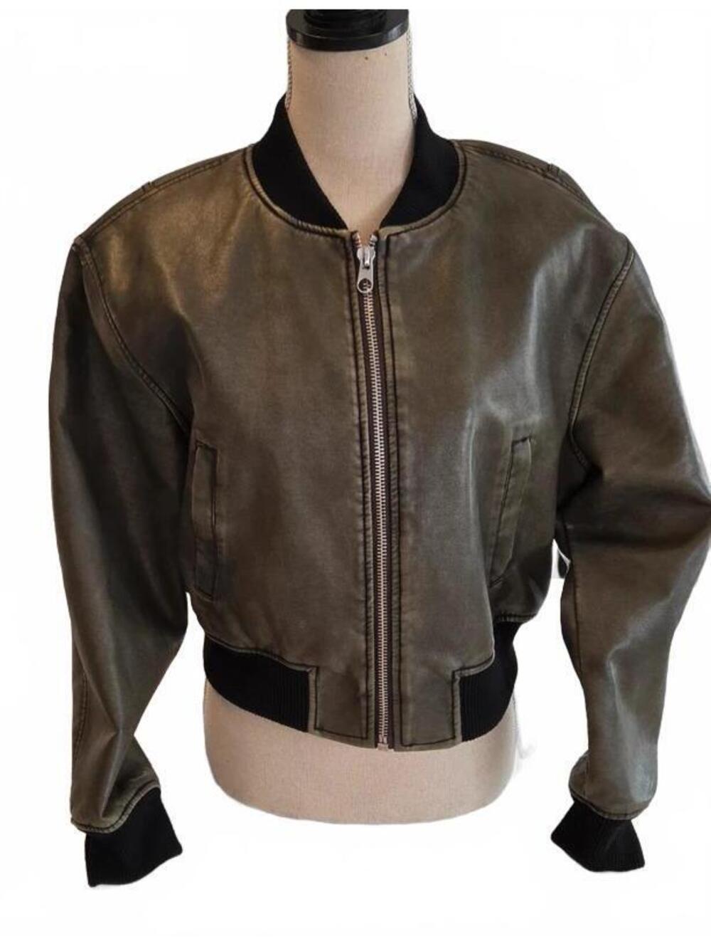 Mango Women's worn effect bomber jacket olive/brown size medium
